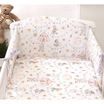 Set lenjerie din bumbac cu protectie laterala pentru pat bebe 120 x 60 cm, Circ Roz