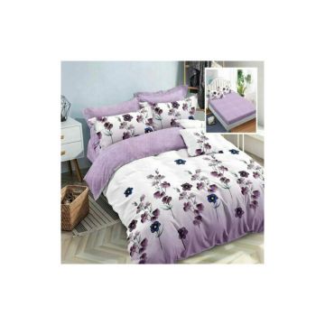 Somnart - Lenjerie de pat finet 6 piese, cearceaf pat cu elastic, cearceaf pilota 200x230, 2 fete perna 50x70, 2 fete perna 70x70, Extra, Model Floricele mov