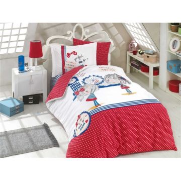 Lenjerie de pat pentru o persoana, 3 piese, 100% bumbac poplin, Hobby, Smilie. alb/rosu
