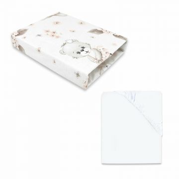 MimiNu - Set 2 cearceafuri cu elastic, Din bumbac certificat Oeko Tex Standard 100, Pentru patut 120x60 cm, White + Design Powdery Pink Ballerina