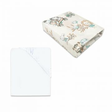 MimiNu - Set 2 cearceafuri cu elastic, Din bumbac certificat Oeko Tex Standard 100, Pentru patut 120x60 cm, White + Design Zoo on Bikes Nugat