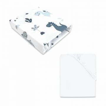MimiNu - Set 2 cearceafuri cu elastic, Din bumbac certificat Oeko Tex Standard 100, Pentru patut 120x60 cm, White + Dino Granat