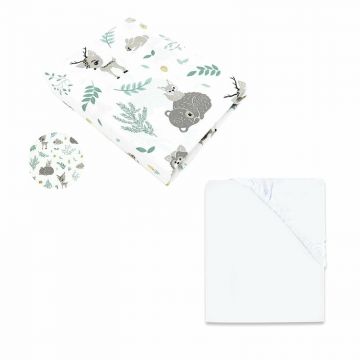 MimiNu - Set 2 cearceafuri cu elastic, Din bumbac certificat Oeko Tex Standard 100, Pentru patut 120x60 cm, White + Forest friends Mint