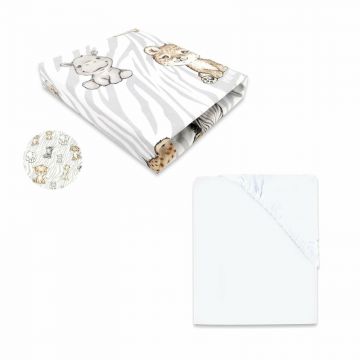 MimiNu - Set 2 cearceafuri cu elastic, Din bumbac certificat Oeko Tex Standard 100, Pentru patut 120x60 cm, White + Safari Natural