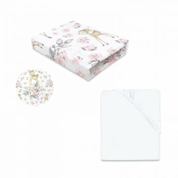 MimiNu - Set 2 cearceafuri cu elastic, Din bumbac certificat Oeko Tex Standard 100, Pentru patut 120x60 cm, White + Sweet Deer Pink