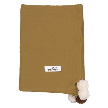 Pătură pentru copii maro coniac din muselină 100x140 cm Pompon – Malomi Kids