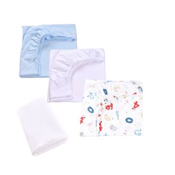Set 3 cearsafuri bleu alb si model cifre + protectie impermeabila patut 90x40 50 cm