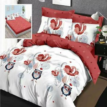 Somnart - Lenjerie de pat finet 6 piese, cearceaf pat cu elastic, cearceaf pilota 200x230, 2 fete perna 50x70, 2 fete perna 70x70, Extra, Bufnite cu inimioare