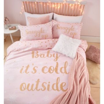 Lenjerie de pat din fleece Catherine Lansfield „Baby it is cold outside”, 135 x 200 cm, roz