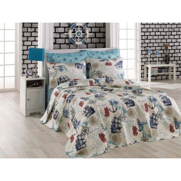 Cuvertura matlasata dubla (EU) (IT), Marine - White, Eponj Home, Bumbac