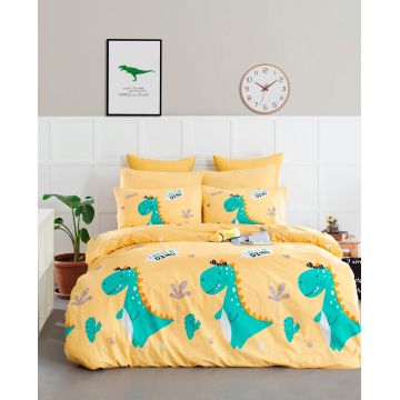 Lenjerie de pat dubla 3 piese, Little Dino - Yellow, EnLora Home, Bumbac Ranforce