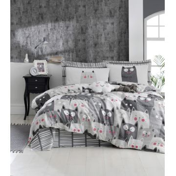 Lenjerie de pat dubla, L'essentiel Maison, Duvarda Kediler, Alb / Gri / Negru