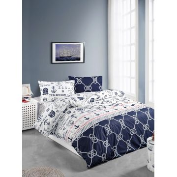 Lenjerie de pat dubla, L'essentiel Maison, Rudder, Alb / Albastru închis / Roșu