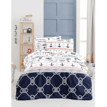 Lenjerie de pat pentru o persoana, L'essentiel Maison, Rudder, Alb / Albastru închis / Roșu Lenjerie de pat pentru o persoana, L'essentiel Maison, Rudder, Alb / Albastru închis / Roșu