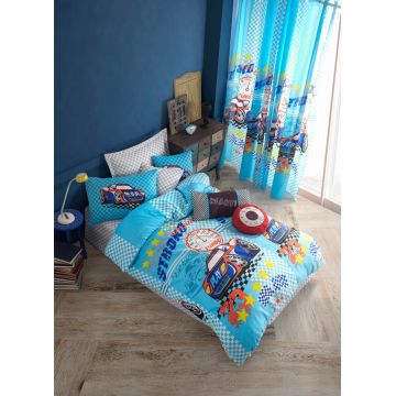 Lenjerie de pat pentru o persoana, Turbo - Blue, Eponj Home, 65% bumbac/35% poliester