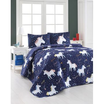 Set cuvertura matlasata dubla 3 piese, Magic Unicorn - Dark Blue, Eponj Home, 65% bumbac/35% poliester