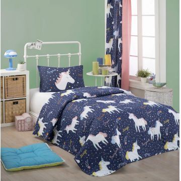 Set cuvertura matlasata Single 160x220 cm, 2 piese, Magic Unicorn - Dark Blue, Eponj Home, 65% bumbac/35% poliester