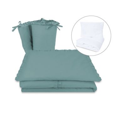 Lenjerie patut cu 5 piese, MimiNu, Pentru patut 120x60 cm, Cu volanase, Cu pilota si perna, Din bumbac certificat Oeko Tex Standard 100, Colectia Royal, Nepal Green
