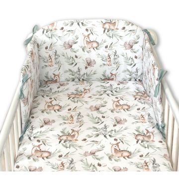 Set lenjerie din bumbac cu protectie laterala pentru pat bebe 120 x 60 cm, Forest, Amy