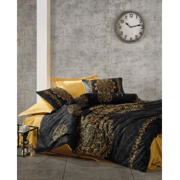 Lenjerie de pat dubla Super King (FR), 3 piese, L'essentiel Maison, Alvina, Aur/Negru Lenjerie de pat dubla Super King (FR), 3 piese, L'essentiel Maison, Alvina, Aur/Negru