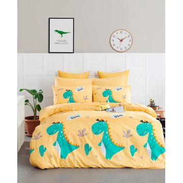 Lenjerie de pat pentru o persoana (ES), Little Dino - Yellow, Mijolnir, Bumbac Ranforce