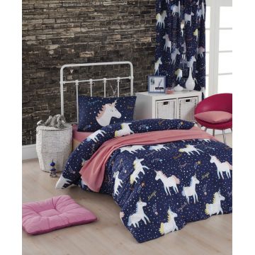 Set lenjerie de pat pentru o persoana Single XL (DE), 2 piese, Magic Unicorn - Dark Blue, Eponj Home, 65% bumbac/35% poliester