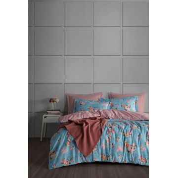 Lenjerie de pat dubla King (DE), 3 piese, Flower - Blue, Primacasa by Türkiz, Bumbac Ranforce
