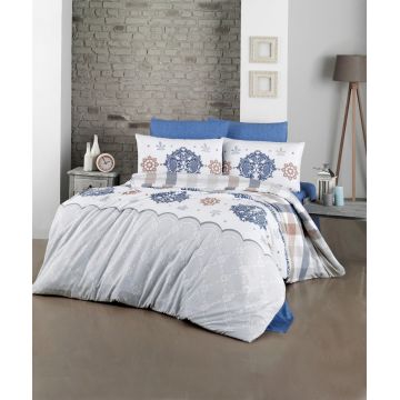 Lenjerie de pat pentru o persoana (DE), 2 piese, L'essentiel Maison, Galina, Blue / White / Grey / Brown Lenjerie de pat pentru o persoana (DE), 2 piese, L'essentiel Maison, Galina, Blue / White / Grey / Brown