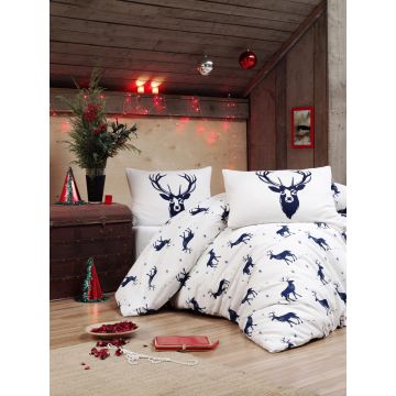 Lenjerie de pat pentru o persoana Single XXL (DE), 2 piese, Geyik - Dark Blue, Eponj Home, 65% bumbac/35% poliester