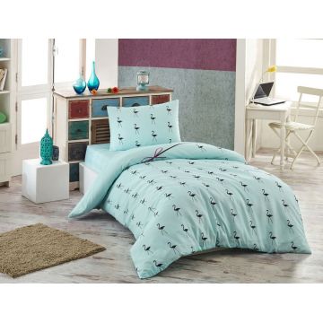 Set lenjerie de pat pentru o persoana Single XL (DE), 2 piese, Flamingo - Mint, Eponj Home, 65% bumbac/35% poliester
