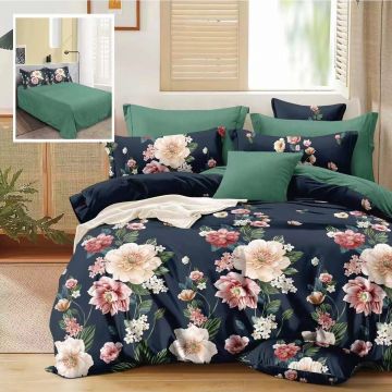 Lenjerie de pat finet 6 piese, cearceaf pat clasic, cearceaf pilota 200x230, 2 fete perna 50x70, 2 fete perna 70x70, Extra, verde cu flori roz
