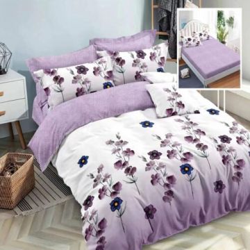 Lenjerie de pat finet 6 piese, cearceaf pat cu elastic, cearceaf pilota 200x230, 2 fete perna 50x70, 2 fete perna 70x70, Extra, Model Floricele mov