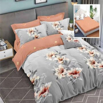Lenjerie de pat finet 6 piese, cearceaf pat cu elastic, cearceaf pilota 200x230, 2 fete perna 50x70, 2 fete perna 70x70, Extra, Model Gri cu flori crem
