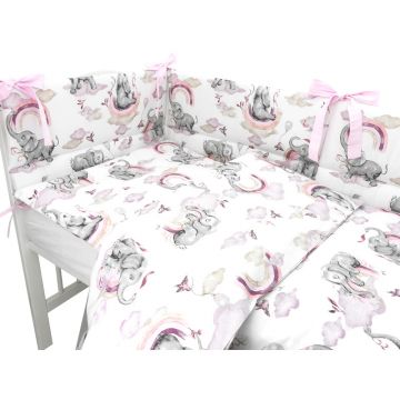 Lenjerie patut 3 piese cu protectie laterala Qmini 120x60 cm Elephants on Rainbow Pink