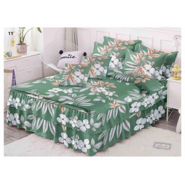 Lenjerie de pat 2 persoane, cu volanase, finet cu 6 piese, Verde cu flori si frunze albe A11