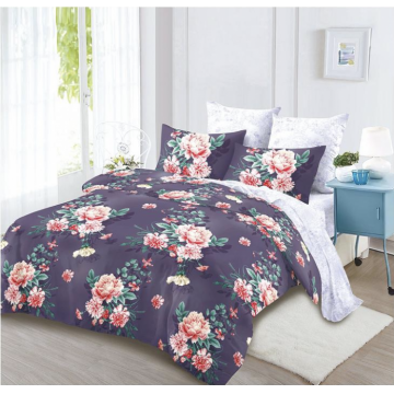 Lenjerie de pat 2 persoane, finet cu 6 piese, Mov-alb cu bujori C032