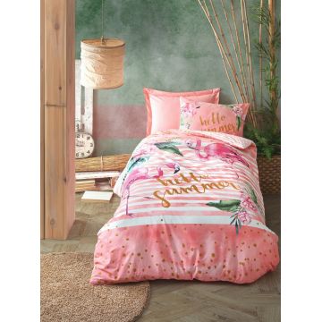 Lenjerie de pat pentru o persoana Young, Hello Summer - Pink, Cotton Box, Bumbac Ranforce