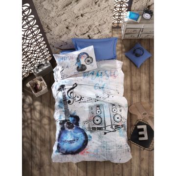 Set Lenjerie de pat double, Albastru, 220 x 160 cm,100% Bumbac Ranforce