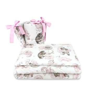 Qmini - Lenjerie patut 3 piese, Cu protectie laterala, Din bumbac certificat Oeko Tex Standard 100, Pentru patut 140x70 cm, Teddy Bear and Friends Pink