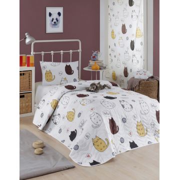 Set cuvertura matlasata Single 160x220 cm, 2 piese, Hello Cats - White, Eponj Home, 65% bumbac/35% poliester