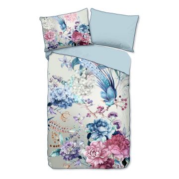Lenjerie de pat albastru-deschis/crem din bumbac satinat pentru pat de o persoană 140x200 cm – Descanso