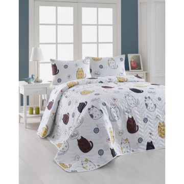 Set cuvertură matlasată și 2 fețe de pernă Eponj Home Hello Cats White, 200 x 220 cm