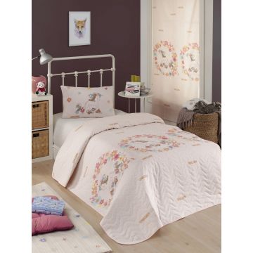 Set cuvertura matlasata Single 160x220 cm, 2 piese, Unicornlar - Pink, Eponj Home, 65% bumbac/35% poliester