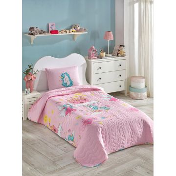 Set cuvertura Single 160x220 cm, 2 piese, Unicorn Dreams - Pink, Eponj Home, 65% bumbac/35% poliester