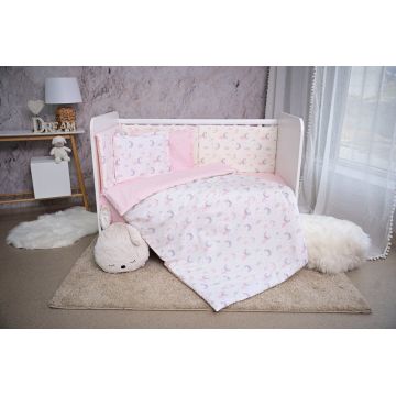 Set lenjerie pat, 60 x 120 cm, Smile Bumbac Ranforce, Lorelli, Pink Moons Stars