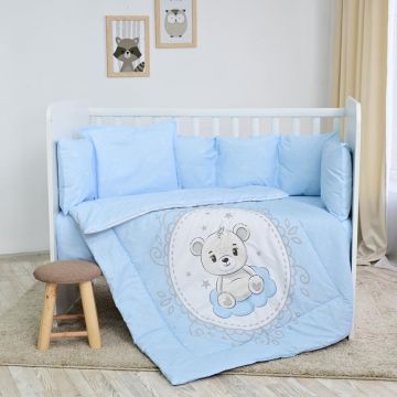 Set lenjerie pat 8 piese 70x140 cm bumbac ranforce Little Bear Blue