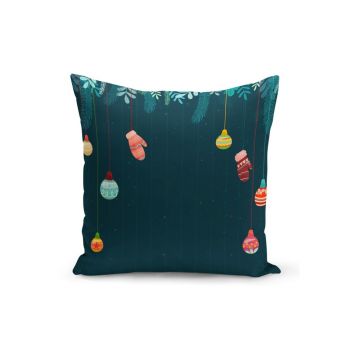 Față de pernă decorativă cu model de Crăciun Kate Louise Christmas Noel, 43 x 43 cm, albastru