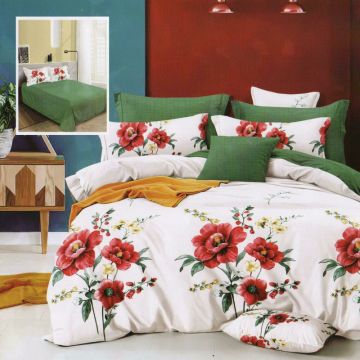 Lenjerie de pat finet 6 piese, cearceaf pat clasic, cearceaf pilota 200x230, 2 fete perna 50x70, 2 fete perna 70x70, Extra, model Flori de camp