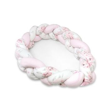 MimiNu - Protectie laterala pentru patut bebe, Tip Bumper impletit, Din bumbac, Din materiale certificate Oeko Tex Standard 100, Lungime 220 cm, Peonie Pink