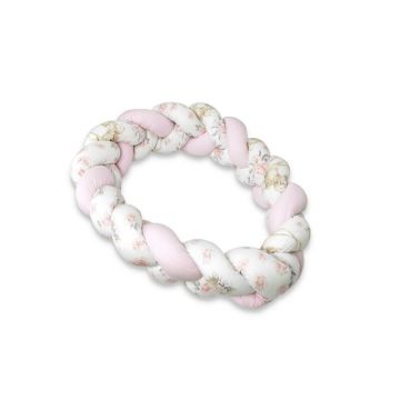 MimiNu - Protectie laterala pentru patut bebe, Tip Bumper impletit, Din bumbac, Din materiale certificate Oeko Tex Standard 100, Lungime 220 cm, Sweet Deer Pink